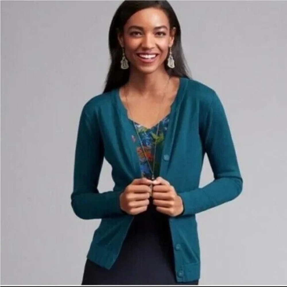 Cabi Moroccan Blue V-Neck Snap-Closure Long-Sleeve Ever Cardigan #3368 Teal